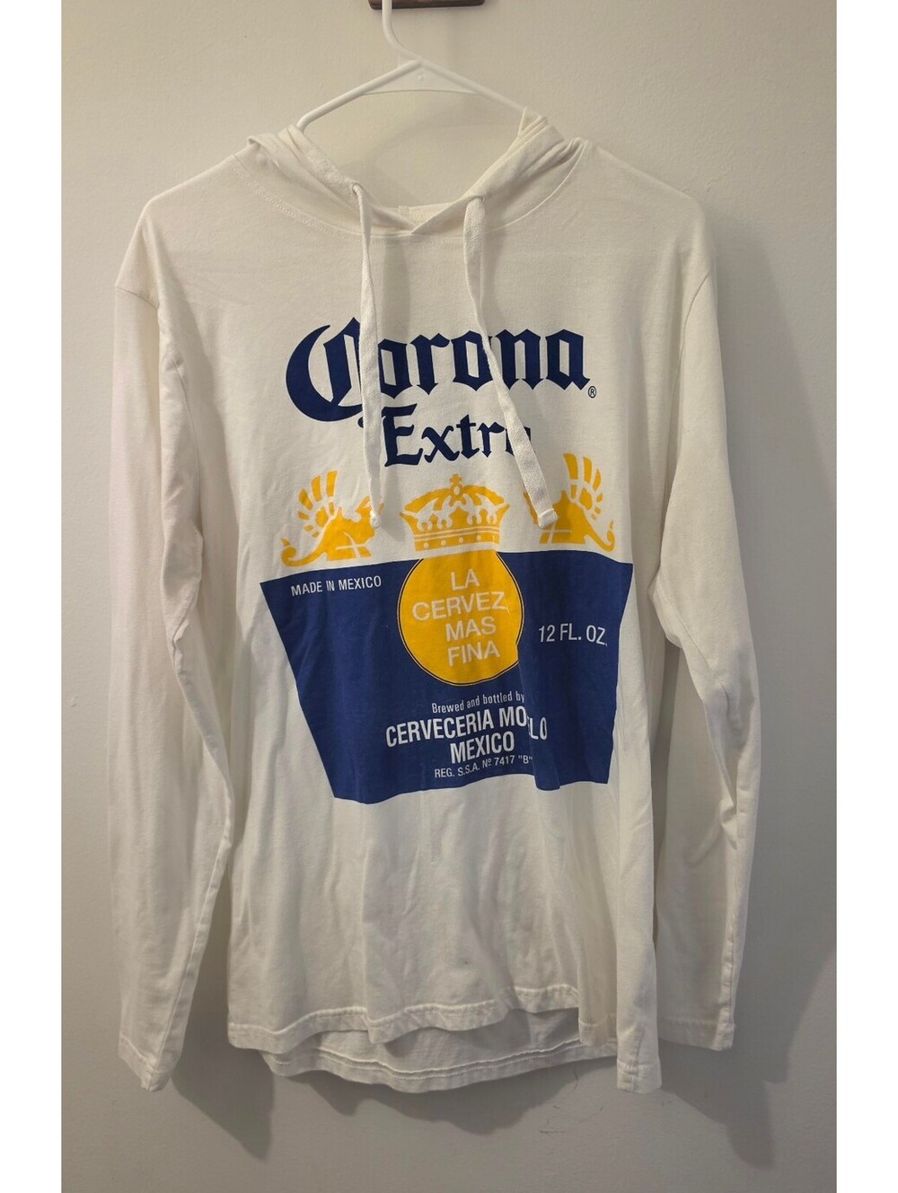 Corona Extra White Long Sleeve Hoodie Shirt - Made in Mexico, Lightweight & Comf